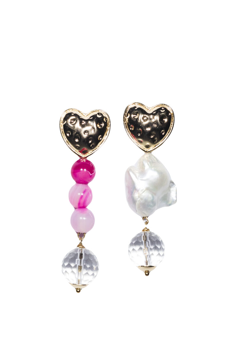 Asymmetric earrings heart shape with pearl and natural stones