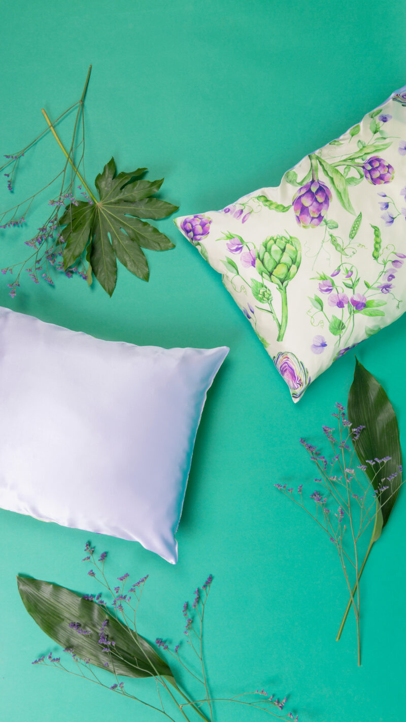 Silk Pillowcases "Artichokes and peas" with lavender front side