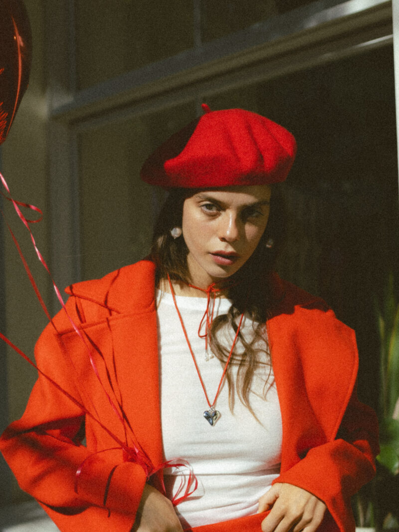 Cord red necklace with  rhodium-plated heart pendant