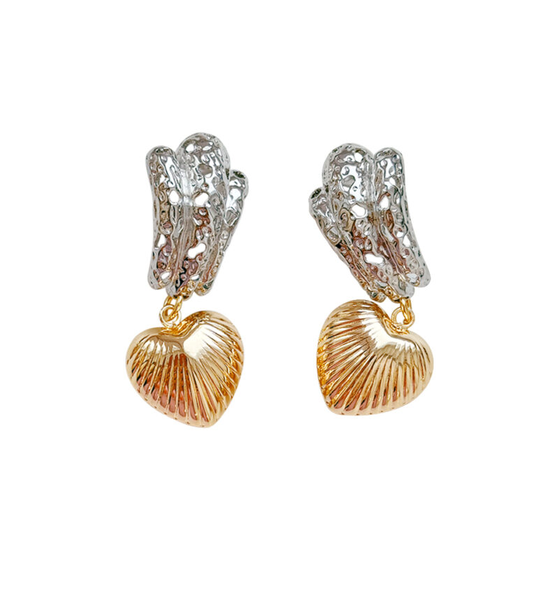 Rhodium-plated earrings with golden hearts