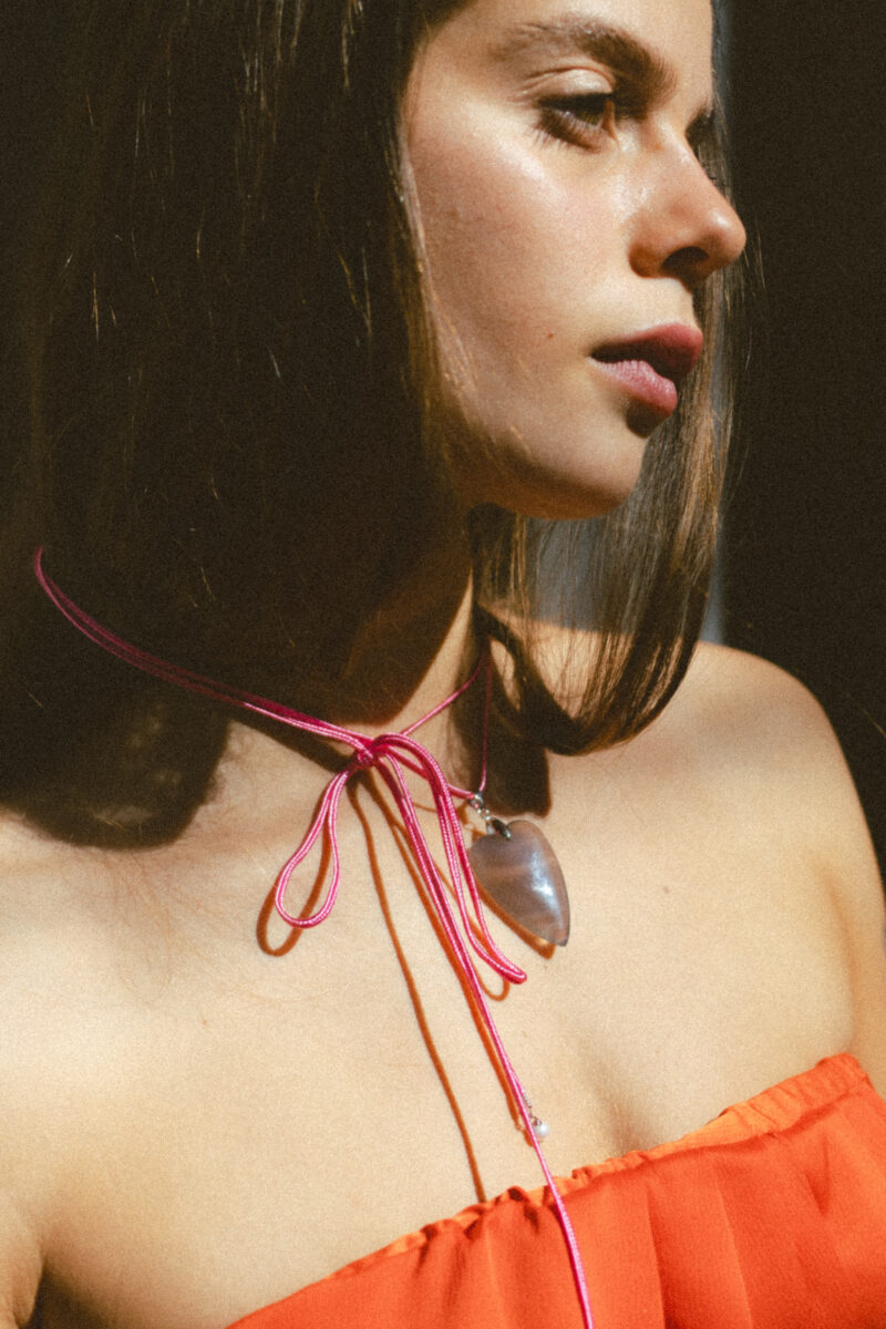 Cord pink necklace with natural stone grey heart pendant