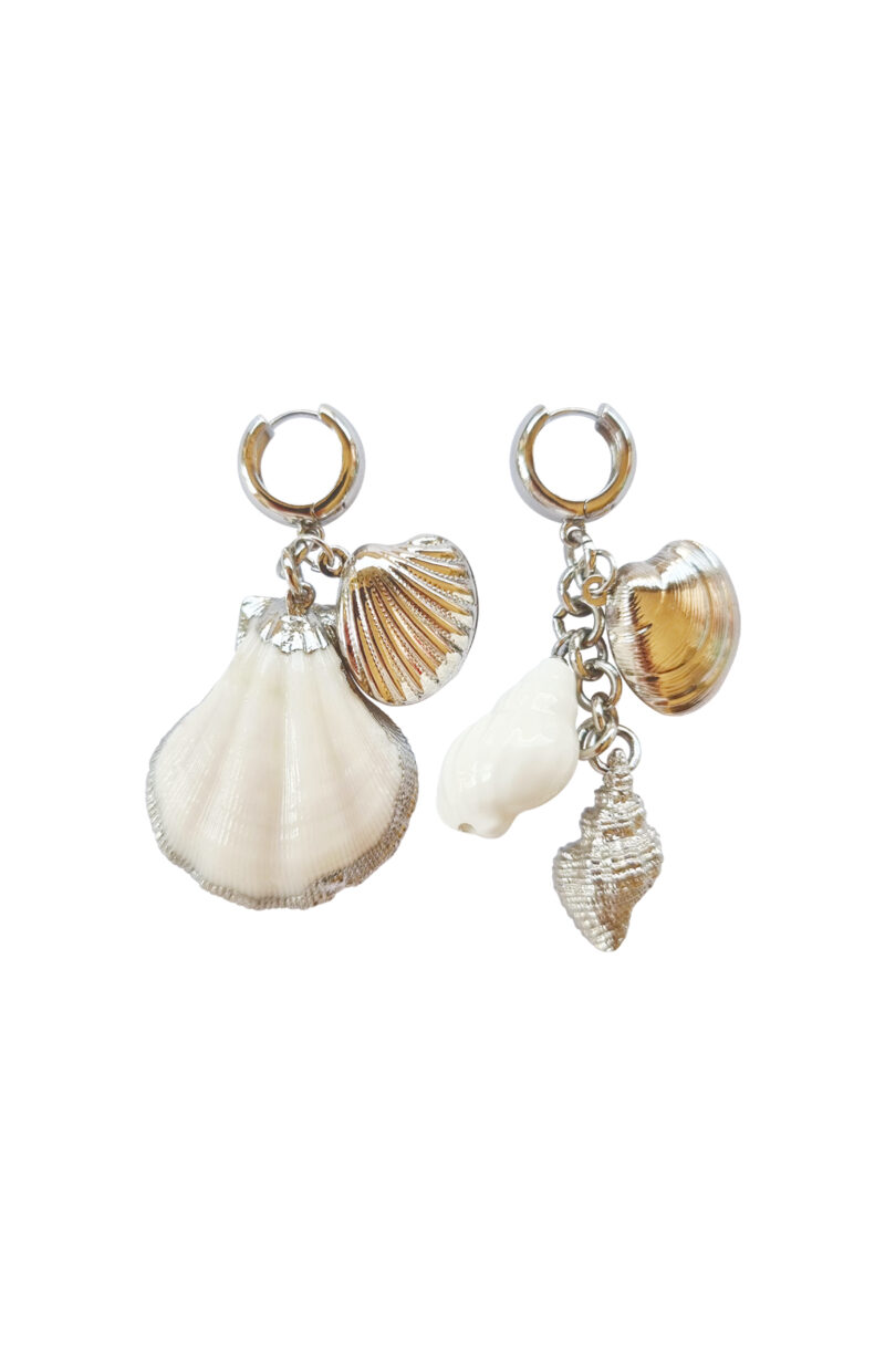 Mermaid asymmetric rhodium-plated earrings with shells