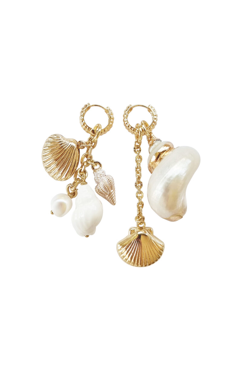 Mermaid asymmetric gold-plated earrings with shells & pearl