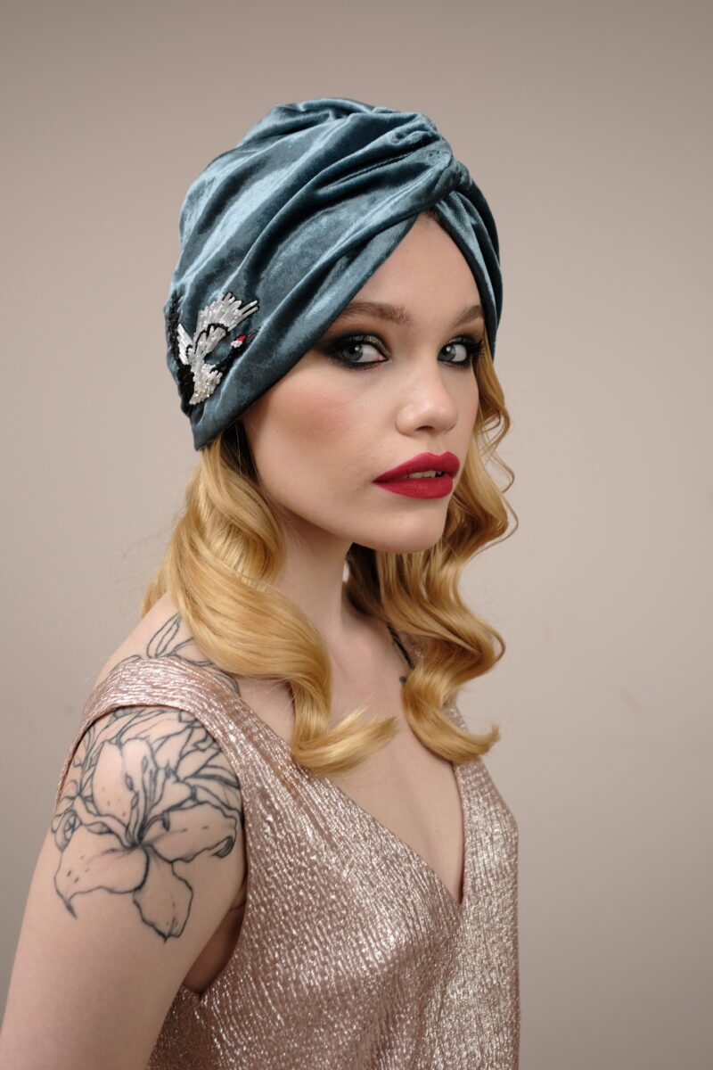 Velvet turban with couture embroidery