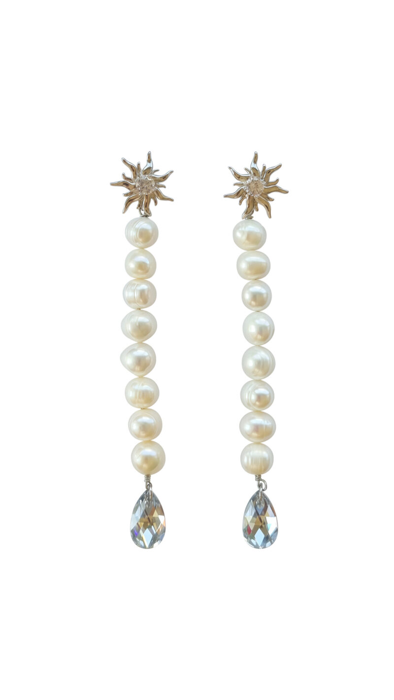 Symmetric rhoduium-plated earrings with pearl and crystals