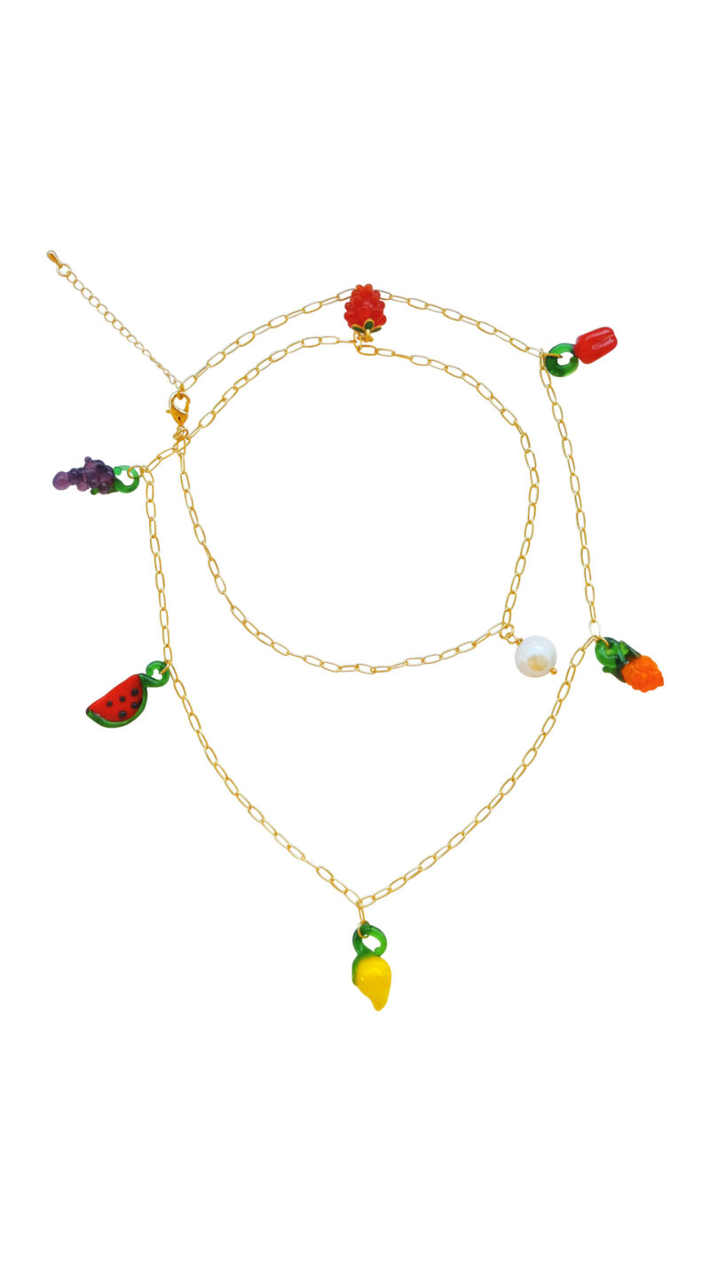 Sautoir with glass-fruits pendants gold-plated