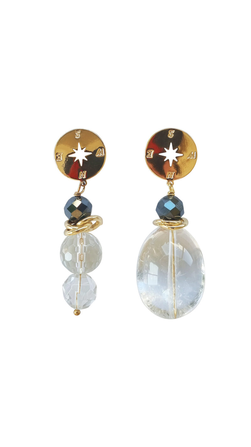 Asymmetric gold-plated earrings with rhinestone
