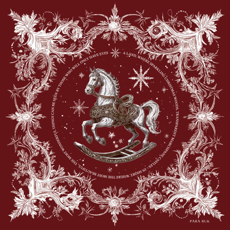 Silk Bandana "Rocking horse from The Nutcracker" 55*55 cm Bordo