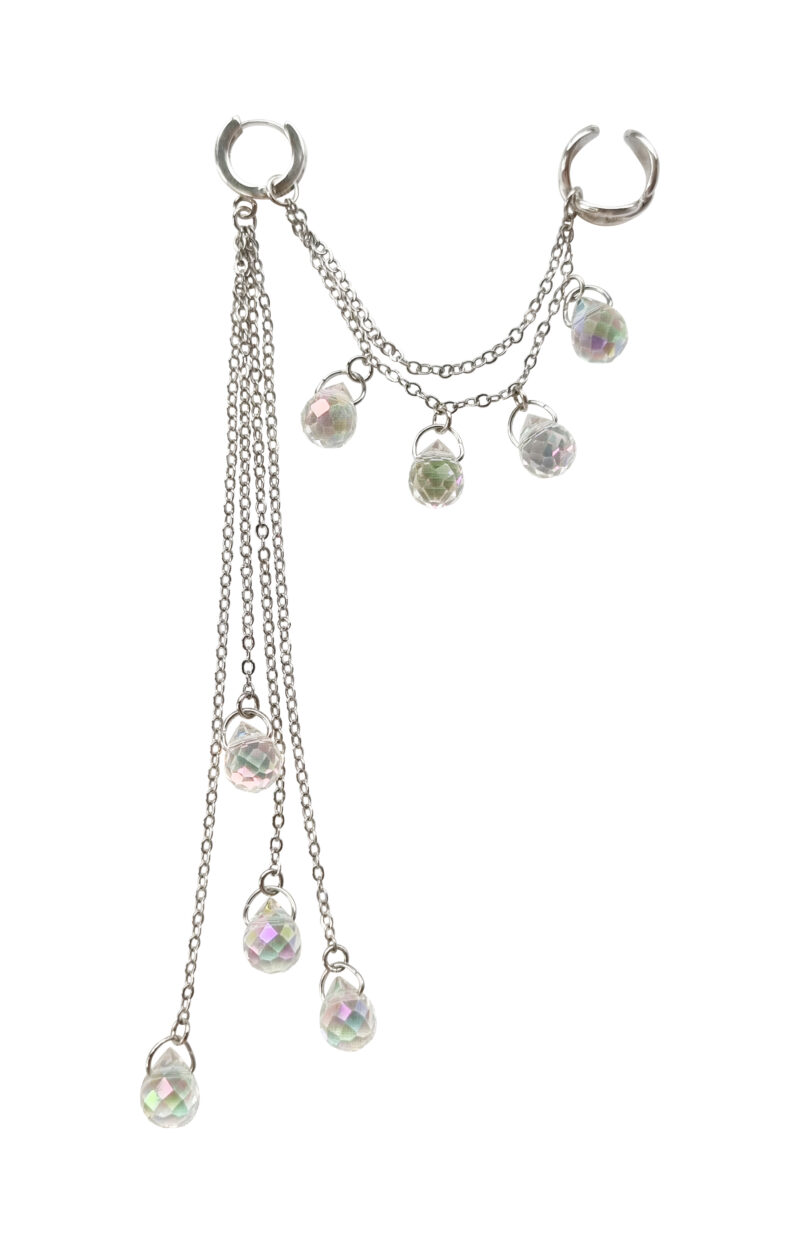 Rhodium-plated Mono-earring with cuff white crystals