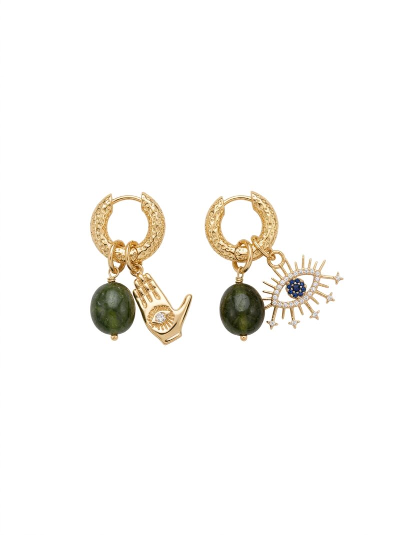 Gold-plated asymmetric earrings with green rhinestone and Hamsa