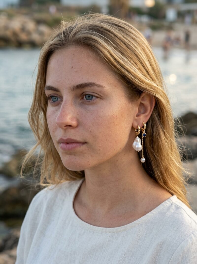 Gold-plated asymmetric earrings Mallorca pearl and dark blue crystal