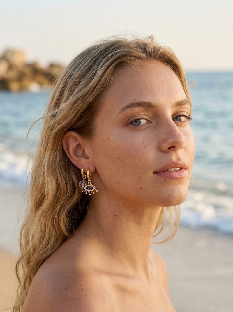Gold-plated asymmetric earrings with rhinestone crystals and Hamsa