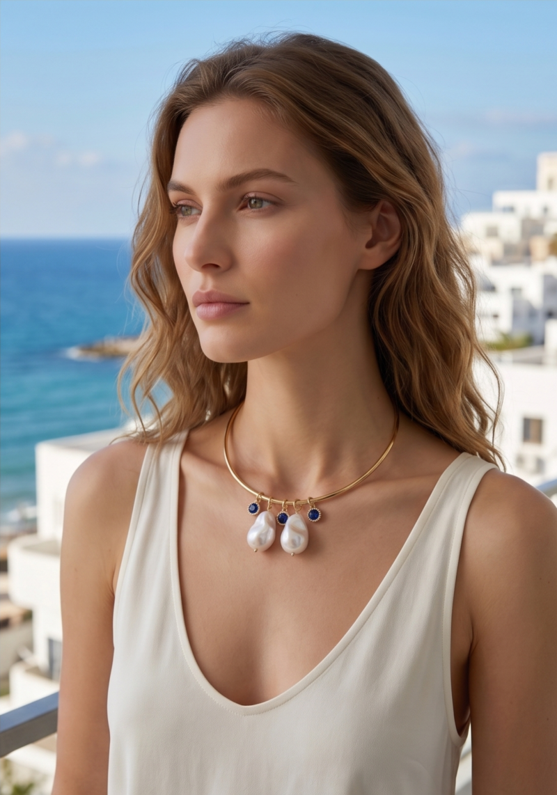 Gold-plated chocker necklace with Mallorca pearls and dark blue crystals