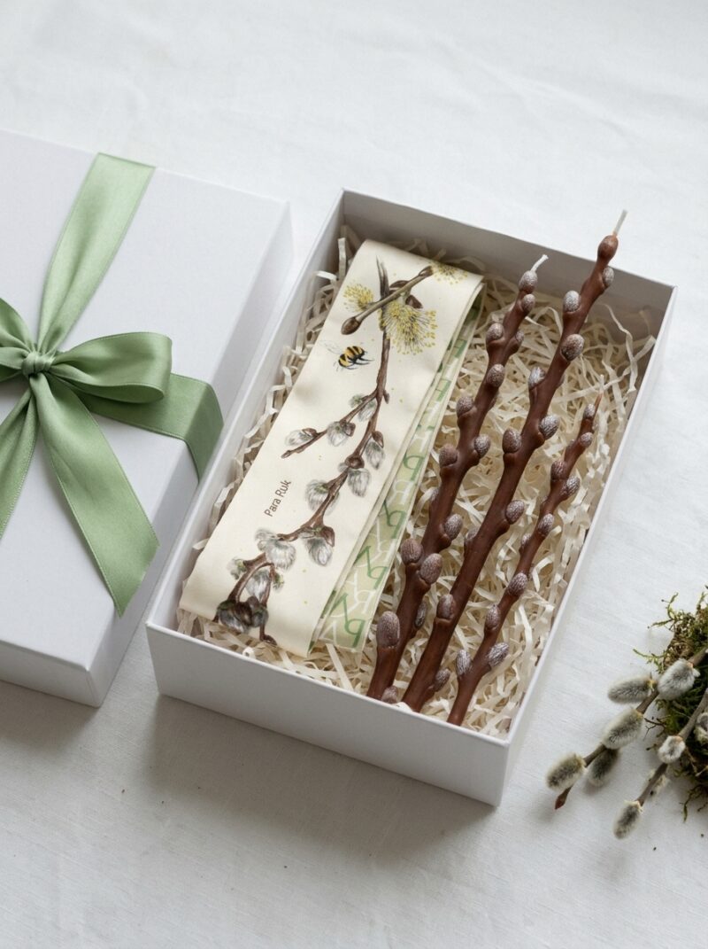 "Spring willow" GIFT SET - maxi silk-twill scarf and 3 candles PRE-ORDER
